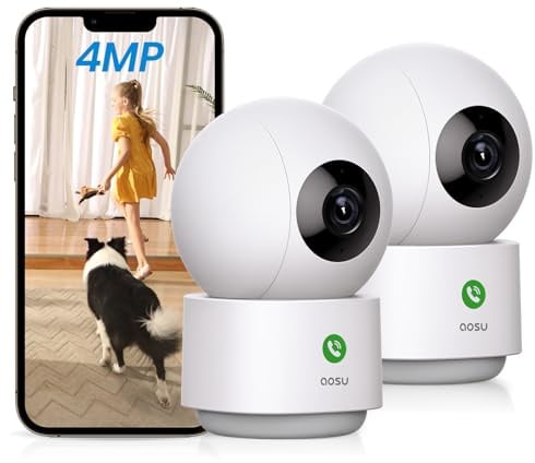 AOSU Lot de 2 caméras de Surveillance d'intérieur 4 MP – Caméra de Surveillance pour bébé 2,5 K à 360° pour la sécurité à Domicile, caméra WiFi avec routeur Wi-FI 5/2,4 GHz, Appel à Une Touche, Suivi