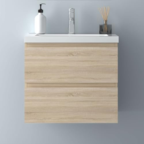 Biubiubath Badezimmermöbel 60cm Mineralguss Waschtisch mit Unterschrank Badmöbel Set Badezimmerschränke mit 2 Soft-Close Schubladen Eiche Matt