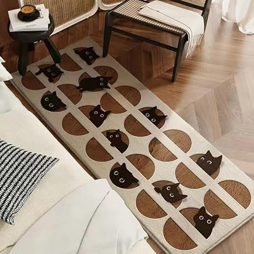 POPUPWAVE Teppich Waschbar für Schlafzimmer 40 x 120 cm, Niedlicher und lustiger Kinder-Teppich, modern, Bedruckt, weiß, unregelmäßige Form für Eingangsbereich(DREI Hunde) (Rund Katze)