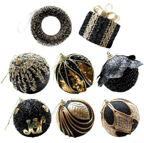 Yuanpgky 8Pcs Elegant Christmas Tree Ornaments Set,Black Gold Shatterproof Baubles Snowflakes Decorations For Christmas Party Home Decor