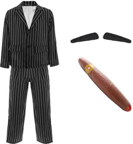 LOVETRENDS Mens Halloween Costume - Pinstripe Suit Jacket and Matching Trousers, Fake Cigar, Spiv Moustache - Adults Halloween Fancy Dress Costume