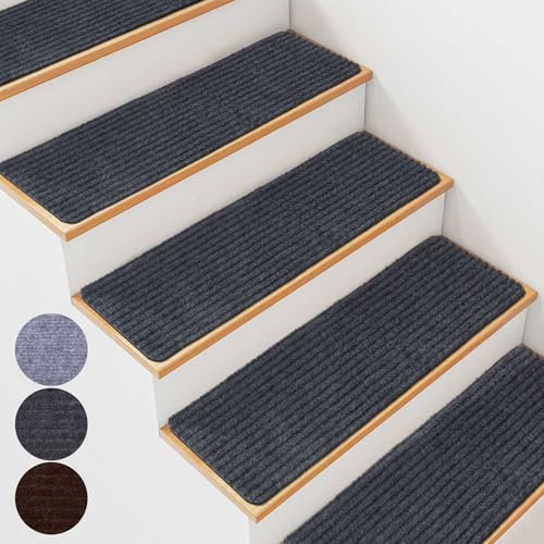 BREENHILL 7 PCS Non Slip Stair Treads for Wooden Steps – 20 x 76cm Indoor Non Slip Stair Treads, Carpet Stair Mats with Self-Adhesive Backing, Removable & Machine Washable – Dark Grey