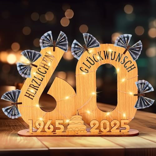 LUZOON 2025 Geldgeschenke Geburtstag 60 Geburtstagszahlen Holz Schild Gästebuch mit LED Lichterkette Ständer und Kerzenhalter für 60 Jahre Mann Frau für Hochzeit Jubiläum Tischdeko