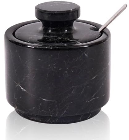 Salière et poivrière en marbre avec couvercle et cuillère 7,6 cm Motif zébré noir pour comptoir, sucrier en marbre