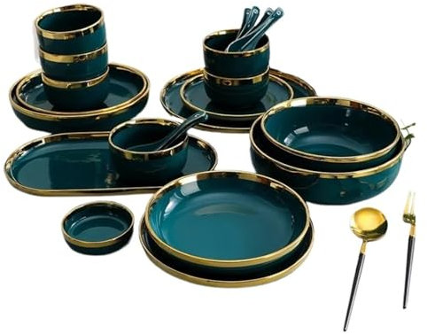 ZPFDSG Crockery Set Green With Gold Plates Full Set Steak Food Tray Ceramic Dinner Dish Salad Bowl Spoon Porcelain Dinnerware(10ich plate 8pcs)