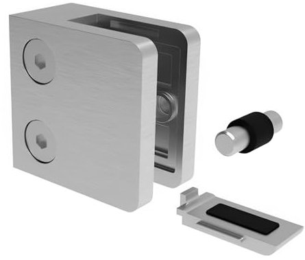 PRIOstahl Glashalter Glasklemmen Klemmhalter Glasplattenhalter - 1 Stück Größe: 45 x 45 x 28 mm mit Sicherungsstift & Sicherungsplatte Anschluss: Flach - für Glas 12,76 mm aus Edelstahl V2A
