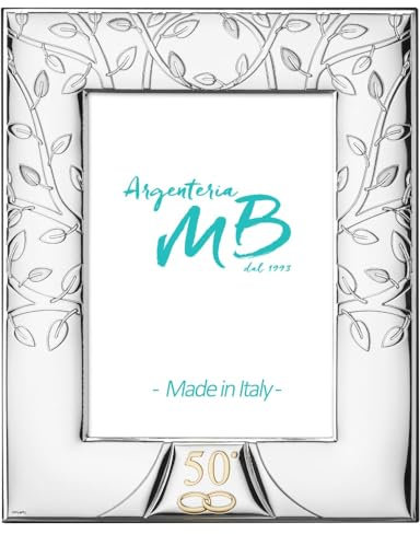 Cornice Nozze Oro Portafoto per Il Cinquantesimo Anniversario di Matrimonio con Albero della Vita, Realizzata in Argento PVD, Retro in Legno cm 10 x 15