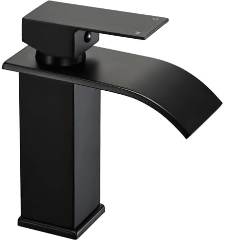 Schwarzer Wasserfall Wasserhahn, Matt Schwarz Waschtischarmatur für Badezimmer, Einhebelmischer Warm- und Kaltwasserhahn, Hochdruck Mischbatterie Waschbecken Armatur, Rostfrei, Modernes Design