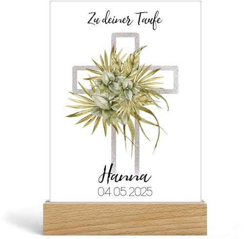 Kiddle-Design Personalisiertes Taufgeschenk mit Kreuz – Acrylbild 20x13 cm mit Holzfuß – Geschenk zur Taufe Junge/Mädchen – Glasbild mit Name & Datum – Moderne Taufdeko Baby