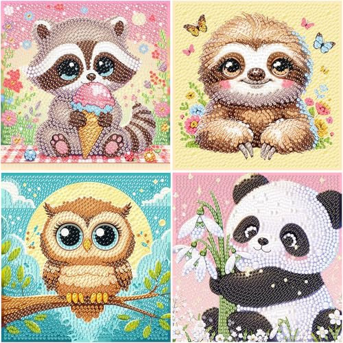 4er Set Diamond Painting Kinder Tiere, Faultier Eule Panda Waschbär Diamant Painting Bilder Kinder, Tiere Diamond Art for kids ab 4 6 8 10 12 Jahren(15x15cm)