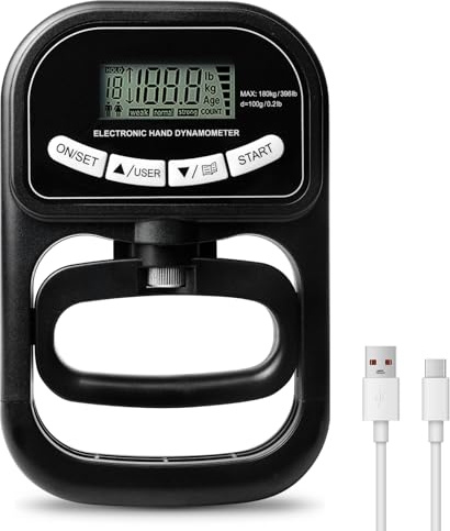 Misuratore di forza, misuratore di forza digitale, 265 lbs/120 kg, dinamometro digitale a mano, tester Grip Strength con cavo di ricarica USB, grande schermo LED per test di forza