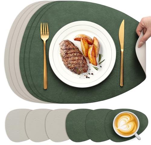 YIHELU Tischsets Abwaschbar und Untersetzer 6er Set, Oval Platzsets Abwaschbar Doppelseitigen Kunstleder rutschfest & Einfache Reinigung, Platzdeckchen Abwischbar für Küche & Esszimmer