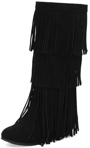 DINTAHA Fringe Suede Boots Flat Knee High Boots With Tassel Long Tall Pull On Boots,Black
