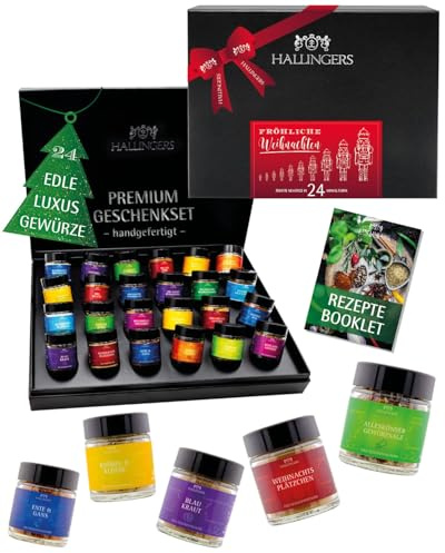 Hallingers Genuss Manufaktur Gewürz Weihnachts-Geschenk-Set - 24 Gewürze aus aller Welt in wertiger Geschenkbox mit Rezept-Booklet Fröhliche Weihn..., Weihnachten für Frauen Männer