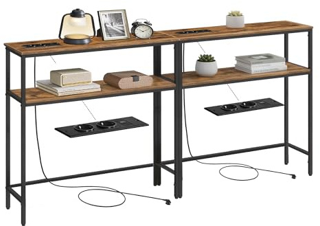 VASAGLE Konsolentisch, 2er Set, schmaler Sofatisch mit 2 Ablagen, 20 x 80 x 80 cm, Flurtisch mit Ladestation, für Wohnzimmer, Flur, Eingangsbereich, vintagebraun-tintenschwarz LNT135KD01-2J