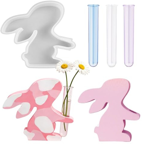 Silikonform Gießform Ostern, Kaninchen Silikonformen Ostern mit 3 Reagenzglas, Kaninchen Epoxidharz Formen, 3D Silikonform Hase für Ableger Pflanzen, Handwerk