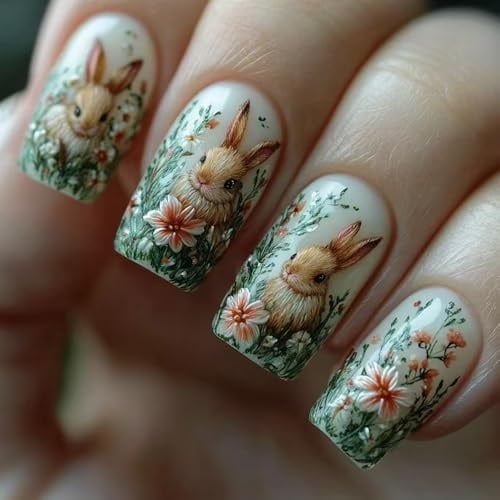 Osternägel zum Aufkleben, mittelgroß, quadratisch, mit Osterblumen- und Pflanzenmotiven sowie niedlichen 3D-Hasenmotiven, Acryl-Nägel für Damen und Mädchen, Maniküre-Dekoration, 24 Stück