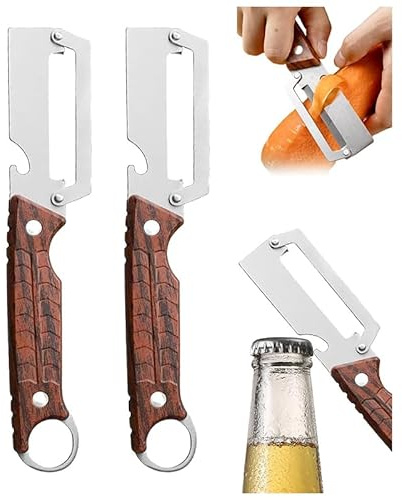 Pelador de Verduras Mango Madera, 2 Piezas Pelador de Patatas Multifuncional Cero Tirones con Abridor de Botellas y Hoja Inox para Cocina, Verduras, Carne, Frutas