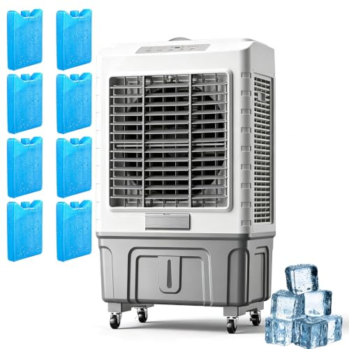 Raffrescatore d'Aria Evaporativo Commerciale, Serbatoio d'Acqua Grande da 55L, Ventilatore Rinfrescante con 8 Ghiaccio Riutilizzabili, 120° Oscillazione Automatica per Casa, Officina e Garage