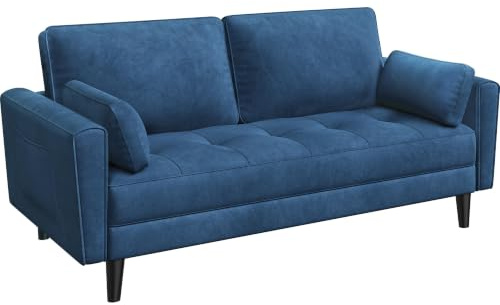 Yaheetech Blue Velvet 2 Seater Upholstered Sofa for Compact Living Spaces | Built-in Side Storage Pockets & 2 Matching Throw Pillows Hold Remotes, Magazines, Books and Small Daily Household Essentials