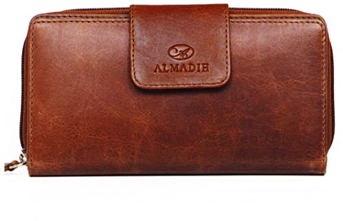 ALMADIH Leder Damen Portemonnaie Elyse Premium Rindsleder mit RFID Schutz 24 Kartenfächer Metall-Reißverschluss - Langbörse Geld Börse Brieftasche Clutch für Impfausweis P25