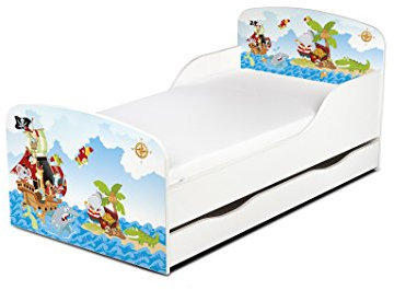 Leomark Einzelbett aus Holz - Piraten - Kinderbett mit Schubladen für Bettwäsche, Stauraum, Holzbett mit Matratze + Lattenrost, Komplett Set, Liegefläche 70/140 cm, UV-Druck