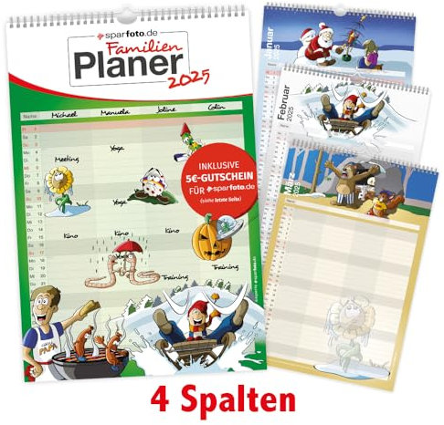 Familienplaner/Familien-Kalender 2025 im XXL-Format mit 4 Spalten, 29,7 cm x 44 cm - Wandkalender inkl. Feiertage und Ferientermine