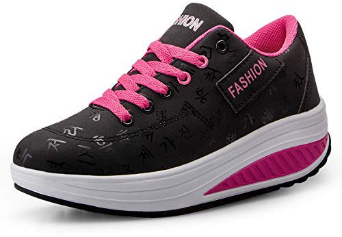 QZBAOSHU Damen Abnehmen Walkingschuhe Turnschuhe Fitness Keile Plattform Schuhe Sneakers(36,Schwarz