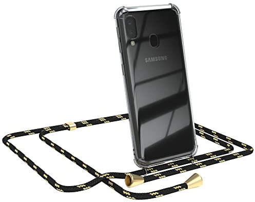 EAZY CASE Handykette kompatibel mit Galaxy A20e Handyhülle mit Umhängeband, Handykordel mit Schutzhülle, Silikonhülle, Hülle mit Band, Stylische Kette für Smartphones, Schwarz/Gold