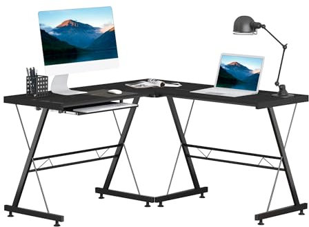 HOMCOM Bureau d'angle Bureau Informatique Design Moderne métal MDF Imitation veinage Bois Noir