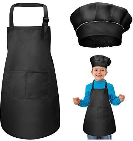 WEONE Kinder Schürze und Kochmütze Set, Kinder Einstellbare Kochschürze Kinderschürzen mit 2 Taschen für Jungen Mädchen, Kind Küchenschürzen für Küche Kochen Backen Malerei (7-13 Jahre) (Schwarz)