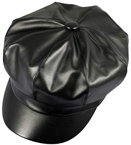 KYEYGWO Black Leather Newsboy Cap Baker Boy Hats Beret Hats for Women
