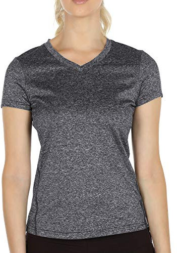 icyzone Damen Sport T-Shirt Kurzarm V-Ausschnitt Laufshirt Atmungsaktive Fitness Gym Funktions Shirt (L, Dunkelgrau)