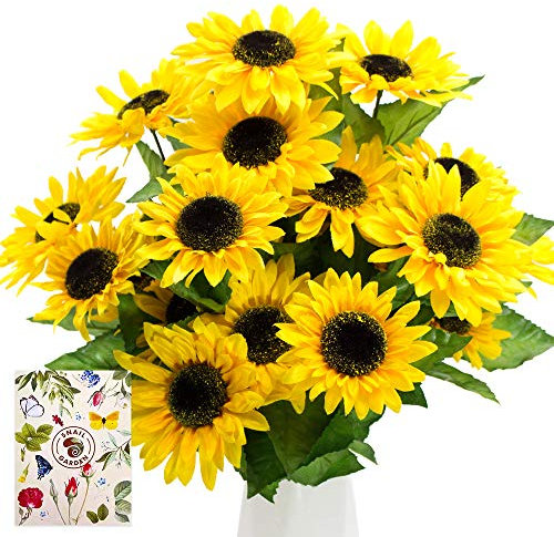 SnailGarden 2 Sträuße Künstliche Sonnenblumen, Seide Gefälschte Sonnenblumen Deko mit Grußkarte & Papiertüte,Sonnenblumen Kunstblumen Blumenstrauß für Home Tischdeko Geschenk Office Hochzeit
