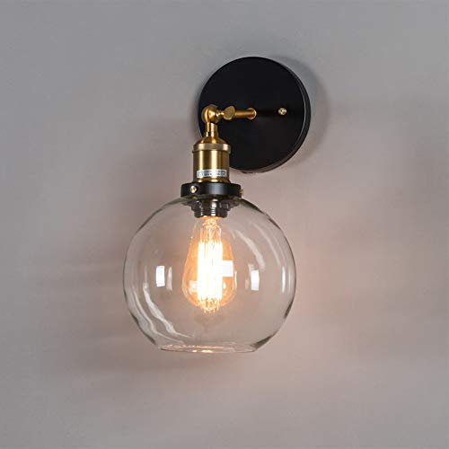 AIRUI Vintage Industrie Wandleuchte Clear Globe Glaskugel E27 Wandlampe 180 ° Verstellbar Metall Schwarz Wandleuchten Wohnzimmer Nachttischlampen,Black-No Bulb