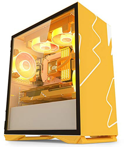 ZXCVBNAS Boîtier PC Gaming - USB3.0 Port - Verre Trempé Panneau latéral de Gestion des câbles - Tais Eau de Refroidissement Prêt - éclairage RGB intégré - Jaune