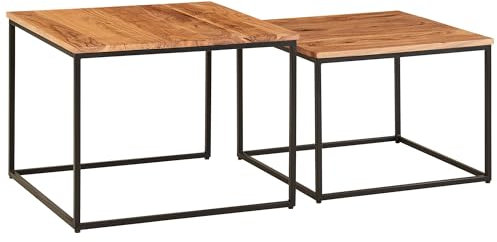 FineBuy Wohnzimmertisch 2er Set Akazie Massivholz/Metall Beistelltisch Eckig, Design Couchtisch mit Metallbeine Sofatisch, Tischset 2-teilig Satztisch
