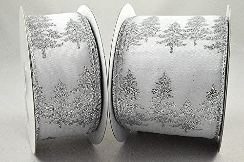 White Wire Edge Ribbon with Silver Sparkly Xmas Tree 38mm x 1 Metre Cut from roll