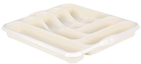 JMS we create smile 1x Soft Cream Plastic Cutlery Holder Tray Drawer Organiser Durable Plastic Utensil Tray Flatware & Silverware Holder Caddy Tidy for Spoons Forks Table Knife (7 Compartment)