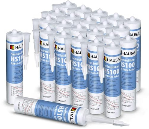 HAUSA Sanitär-Silikon HS100 transparent 24x310ml hochelastische Fugendichtmasse für Bad Dusche Küche schimmelresistenter wasserdichter Acetat Silikon-Dichtstoff in Kartusche zum Abdichten Verfugen