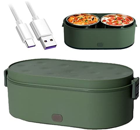 Yeah-hhi Lunch Box Chauffante Électrique USB Boîte À Lunch Portable 27 oz Pour Voiture/Camion/Home/Bureau Avec 2 Acier Inoxydable Amovible Intérieur,Vert,800ml