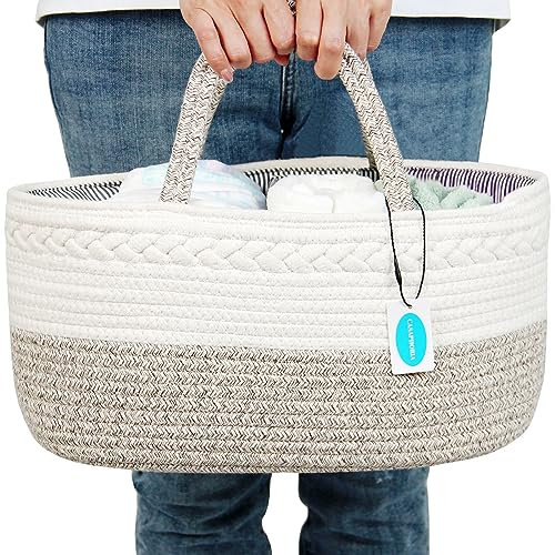 Casaphoria Caddy Organization Korb aus gewebtem Baumwollseil, Aufbewahrungskorb oder Geschenk, weicher runder Korb mit Griff, Baumwollmaterial, Hellbraun (39,4 x 25,4 x 19,1 cm)