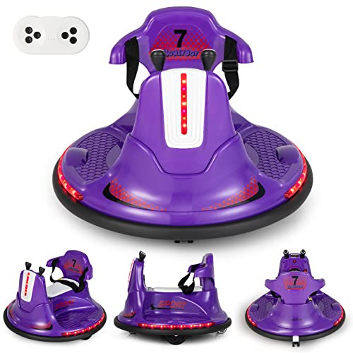 COSTWAY 6V Aufsitz Kinder Autoscooter 360 Grad Rotation & Vorwärts- und Rückwärtsfunktion, Bumper Car mit Musik ｜ bunten LED Lichtern ｜ Hupen ｜ Geschichten ｜ 2,4 GHz Fernbedienung, 3-6km/h (Lila)