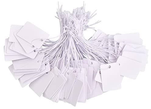 Xzeemo 100 Stück Weiße Preisschilder, 20*30mm Preisetiketten, Geschenkanhänger mit Elastischer Aufhänge Schnur, Papieretiketten, Handmade Hängeetiketten für Weihnachten Kleidung Schmuck Display (Weiß)