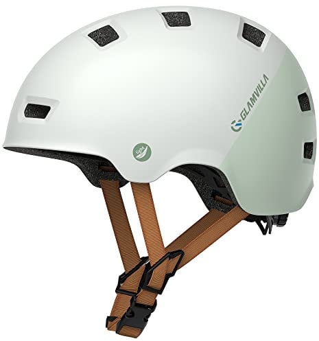 GLAMVILLA Skaterhelm Fahrradhelm Ultraleicht Stadthelm für Kinder/Damen/Herren,Verstellbar Unisex Schutzhelm für Skateboard E-Scooter Roller BMX,nur 260g/270/280g (Beige mit Hellgrün, M(54-57cm))