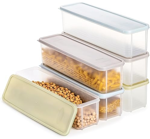 Elsjoy 6 Stück Kunststoff Pastabehälter, Großer Spaghetti Kanister mit Deckel, stapelbar, langer Nudelhalter für Speisekammer, Küche, Schrank