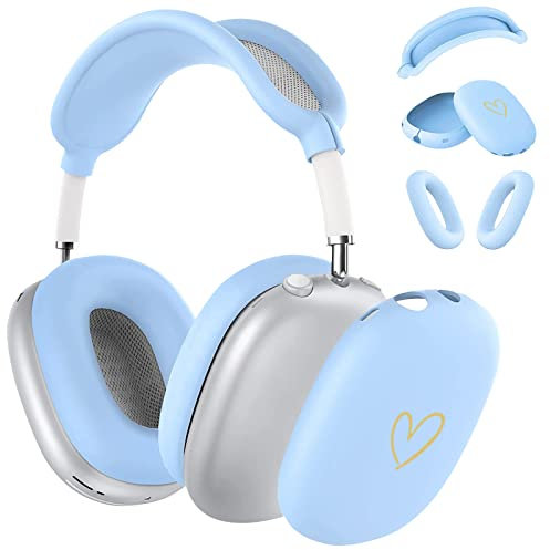 AIIEKZ Schutzhülle für AirPods Max, kratzfestes, weiches Silikon mit goldenem Herzmuster, Ohrmuschel-Abdeckung, Ohrpolster-Abdeckung, Kopfband-Abdeckung für Apple Airpod Max Kopfhörer, Himmelblau