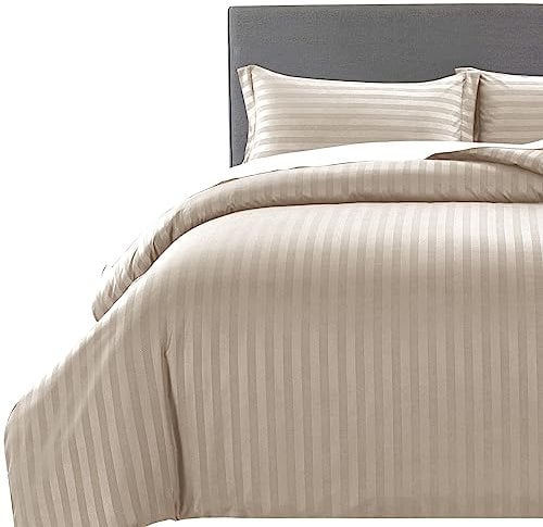 MOONLIGHT20015 Super King Duvet Set Reversible Stripes Satin Bedding Sets with 2 Pillowcases Soft Hypoallergenic Duvet Cover (Beige 260x220)