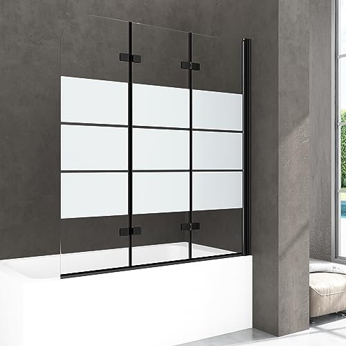 WDWRITTI Duschwand für Badewanne 120x140cm Faltbar 3-teilig Schwarz, Gestreift Badewannenaufsatz Duschtrennwand aus 6mm ESG Sicherheitsglas, Duschabtrennung für Badewanne