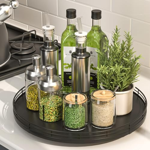Oroyutor 13 Oak Wood Lazy Susan Organizer, Rotating Tray for Cabinet, Dining Table, Pantry, Kitchen Countertop, Salt Pepper Spice Organization and Storage, Round Black
